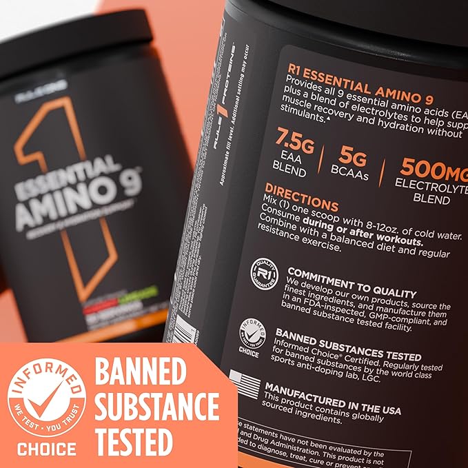 Rule 1 Proteins Essential Amino 9 – Recovery &amp Hydration Support with 7.5g of Essential Amino Acids + Electrolytes (30 Servings Blue Razz Lemonade)