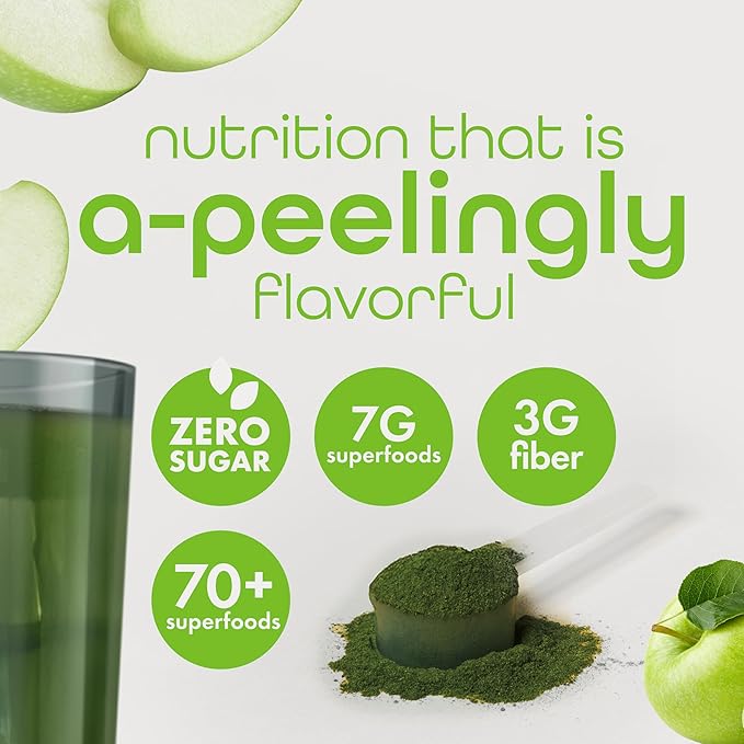 Zena Nutrition Organic Super Greens Powder 70+ Superfoods 0 Sugar 3G Fiber Spirulina Chlorella Mushrooms Prebiotics/Probiotics Digestive Enzymes for Gut Health Green Apple 30 Servings