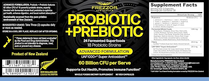 FREZZOR Probiotic + Prebiotic Capsules Once Daily 60 Billion CFUs Digestive Health for Men and Women 18 Strains Shelf Stable with Fermented Wholefoods Prebiotic &amp Fibre 90 caps 1 Month Sup