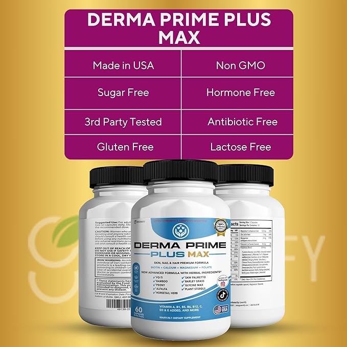 Derma Prime Plus Max Hair Skin Nail Supplement 60 Capsules with Biotin 5000mcg Vitamins Minerals Herbal Blend (2)