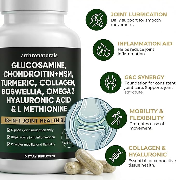 Arthronaturals 18 in 1 Joint Supplement with Glucosamine Chondroitin MSM Hyaluronic Acid Omega-3 and More for Provides Joint Support Improves Mobility &amp Long Term Health Vegan - 60 CPS (1)