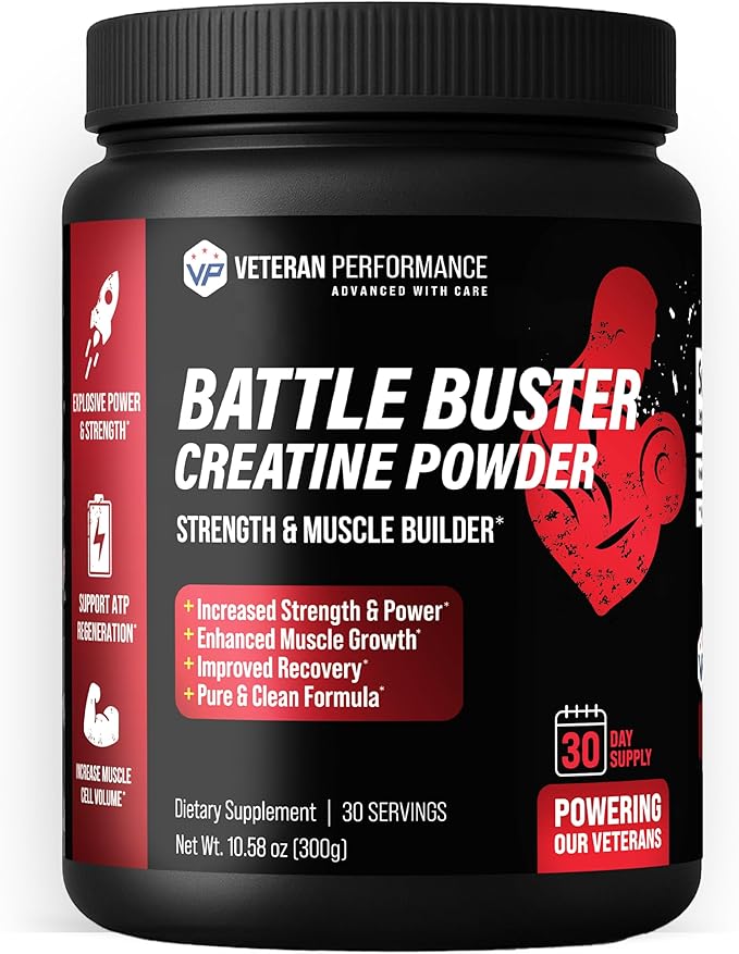 Battle Buster Creatine Monohydrate Powder – 100% Pure No Fillers – Strength Power &amp Recovery – Lab-Tested Quality – 300g 30 Servings