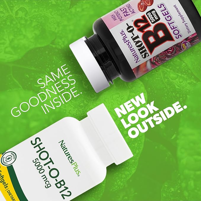 NaturesPlus Shot-O-B12 - 30 Softgels - 5000 mcg - Supports Energy &amp Immune Health - Gluten Free - 30 Servings