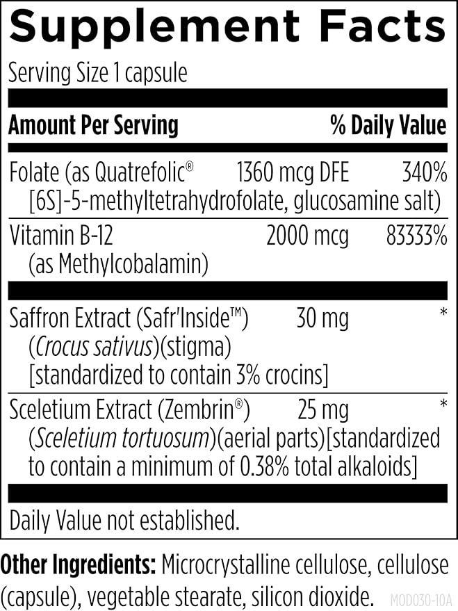 Designs for Health Mood-Stasis - 5-MTHF Methyl Folate + Methyl B12 Saffron Extract for Mood Support &amp Calming Support (30 Capsules)