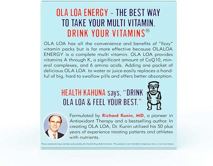 Ola Loa Energy Tropical Multi Vitamin Drink Mix - Amino Energy Powder Gluten Free Detox Dairy Free Caffeine Free - Drink Your Vitamins for the Rigors of Daily Life - 30 Packets (8.25oz)