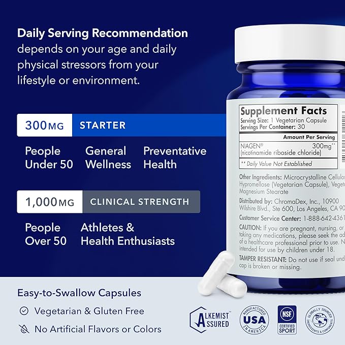 TRU NIAGEN Patented NAD Supplement for Brain Function Anti Aging &amp Cell Regeneration 300mg Niagen 30 Servings | Supports Cellular Energy Muscle | Nicotinamide Riboside (NR) Take 1 Daily | 1 Bo