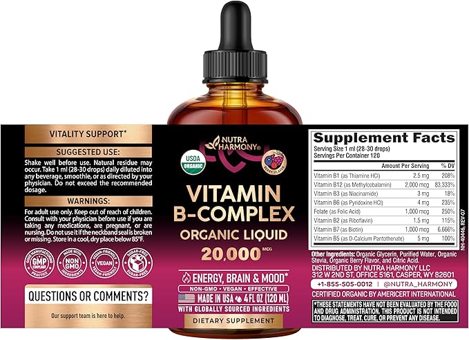 USDA Organic Vitamin B-Complex B5 Pantothenic Acid | B12 Methylcobalamin | B1 Thiamine | B6 Pyridoxine | B7 Biotin | B9 Folic | B3 Niacinamide - B Complex Liquid Drops Made in USA Supplement 4fl oz