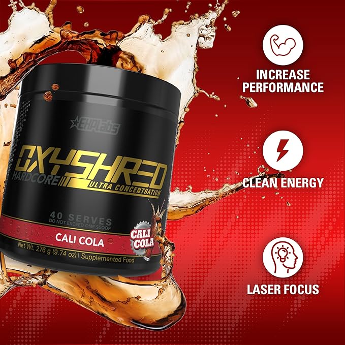 EHP Labs OxyShred Hardcore Super Dosed Pre Workout Powder - Preworkout Powder with L Glutamine &amp Acetyl L Carnitine Energy Boost Drink - 275mg of Caffeine - Cali Cola 40 Servings