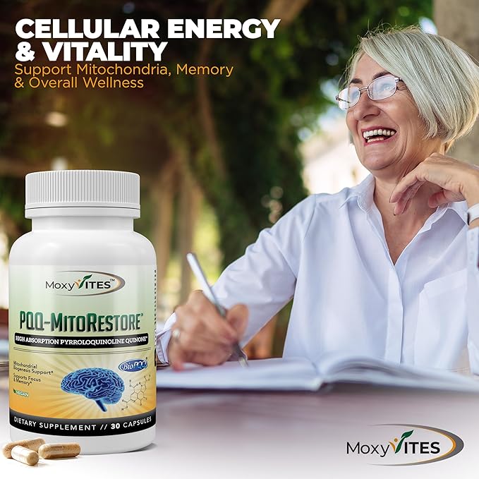 PQQ MITORESTORE Brain Supplements for Memory and Focus - Mitochondria Supplement with BioPQQ 20mg - Purest Form NOT Chemically Synthesized Cognitive and Heart Support - 30 Vegan Capsules Non GMO