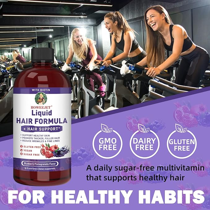 Liquid Multivitamin for Hair Formula | Biotin 2500mcg | Healthy Hair Habits | Clinically Tested for Thicker Hair &amp Skin Elasticity for Women | Ages 18+ | 16 Fl Oz (Blueberry Pomegranate Flavor)