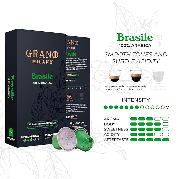 Grano Milano Brasile Coffee Capsules - 50 Aluminum Coffee Pods Compatible with Nespresso Original line100% Arabica Medium Roast - Intensity 7/12 Made in Italy