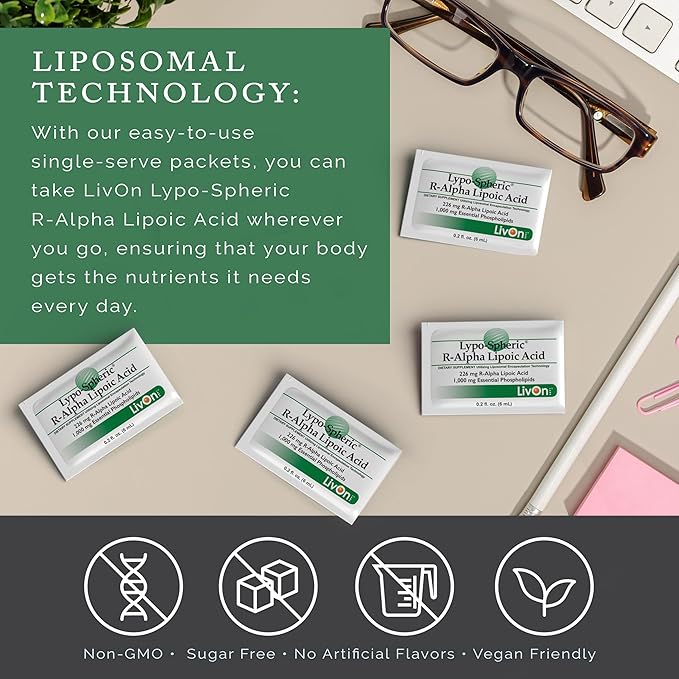 LivOn Laboratories Lypo-Spheric R-Alpha Lipoic Acid - 30 Packets - 226mg Per Packet - Liposome Encapsulated for Maximum Bioavailability - 100% Non-GMO