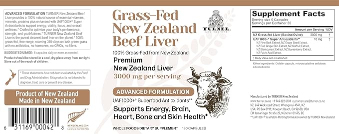 TURNER New Zealand 100% Live-Grass-Fed Beef Liver 180 Capsules Supports Energy Production Detoxification Digestion Immunity and Full Body Wellness Non-GMO 3000mg