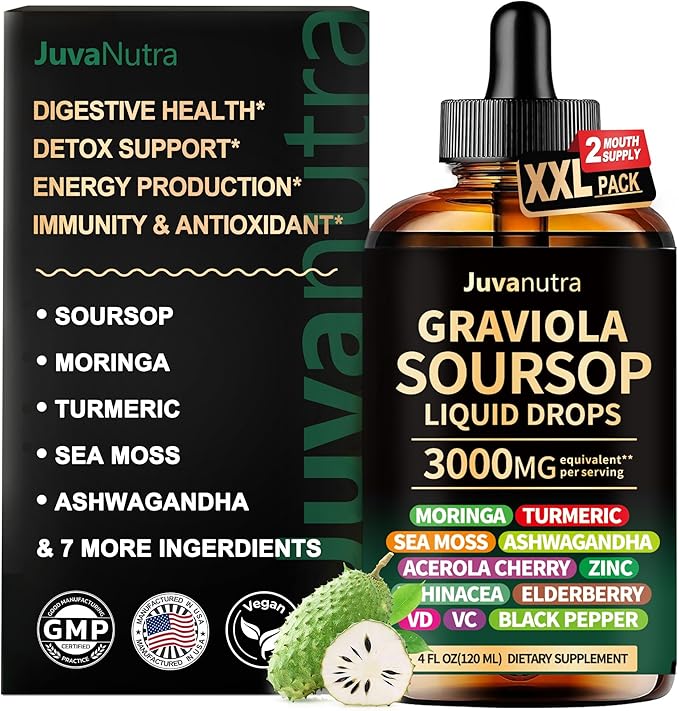 Soursop Bitters Liquid Drops 12 in 1 with Sea Moss Moringa Turmeric Echinacea &amp Ashwagandha Extract - Herbal Tonic for Digestive Wellness &amp Immune Support - 4 Fl Oz