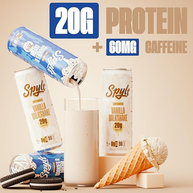 Spylt High Protein Cookies &amp Cream/Vanilla Milk with 60mg Caffeine &amp 20g Protein - 90 Calories Ready to Drink Sugar Free Lactose Free Milk Perfect for Workout Recovery &amp Afternoon Pick