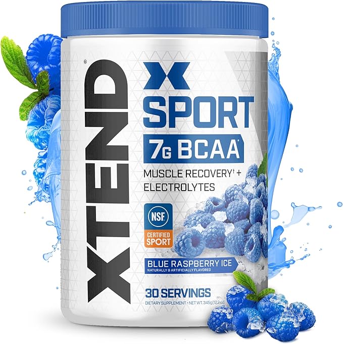 XTEND Sport BCAA Powder Blue Raspberry Ice - Electrolyte Powder for Recovery &amp Hydration with Amino Acids - 30 Servings