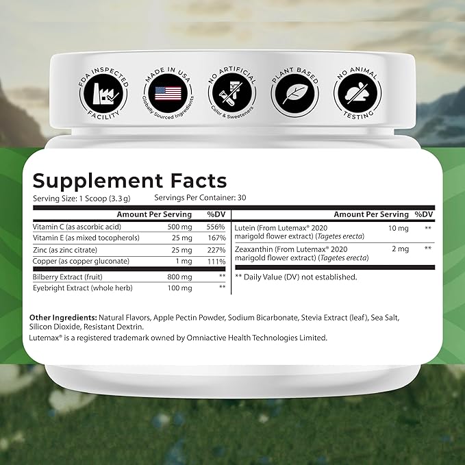 SightMax Eye Health Supplements - Eye Vitamins - with Bilberry Eyebright Lutein Zeaxanthin &amp More Vitamins - Vegan Non GMO Gluten Free - 3.5 Oz - 30 Servings - Berry Rush Flavor