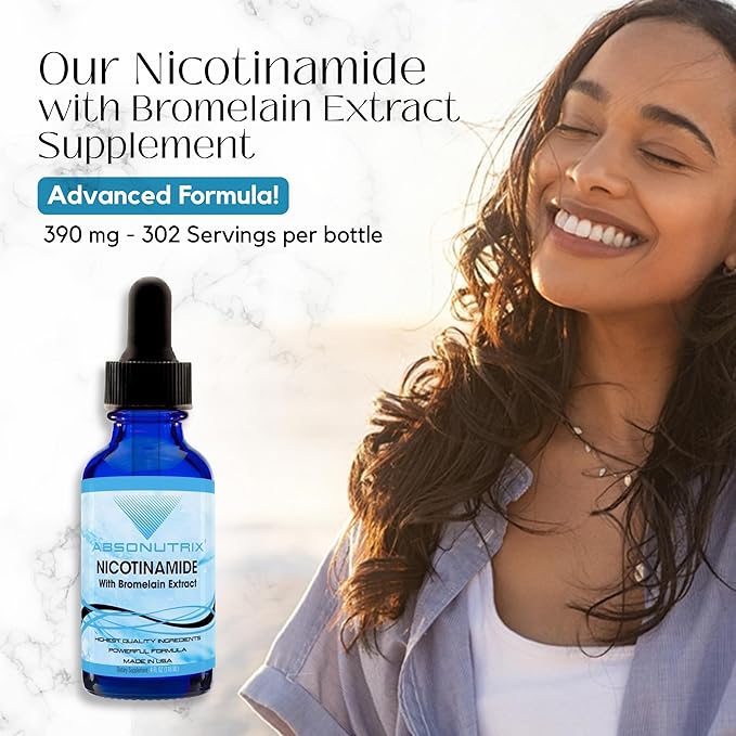Absonutrix Nicotinamide with Bromelain Extract Advanced Formula 390 mg 4 Oz Liquid 302 Servings Made in USA Quick Absorption Quality Potent Ingredients Non-GMO GMP Certified Facility