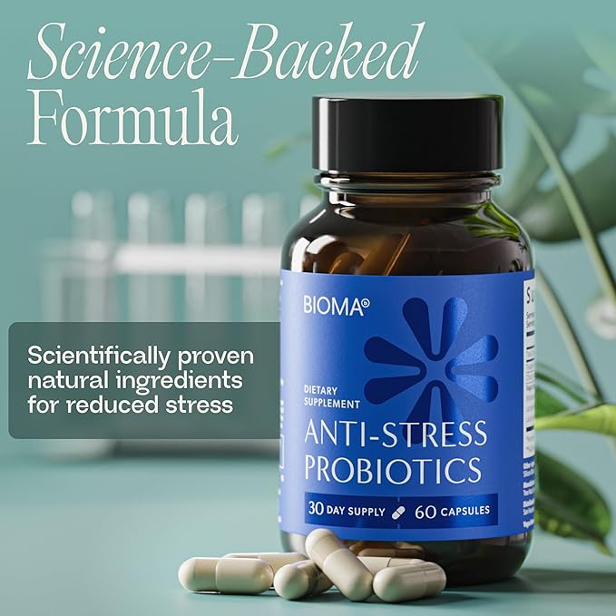 BIOMA Anti-Stress Probiotics – 3-in-1 Gut-Brain Axis Support for Stress Relief &amp Mood – Prebiotics Postbiotics &amp Clinically Studied Strains – Vagus Nerve Serotonin &amp Digestive Support –