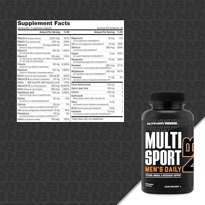 NutraBio Multisport for Men - Mens MultiVitamin - 33 Vitamins Minerals Micronutrients - Rich in Antioxidants - Supports Peak Athletic Performance Energy Metabolism (120 Vegetable Capsules)