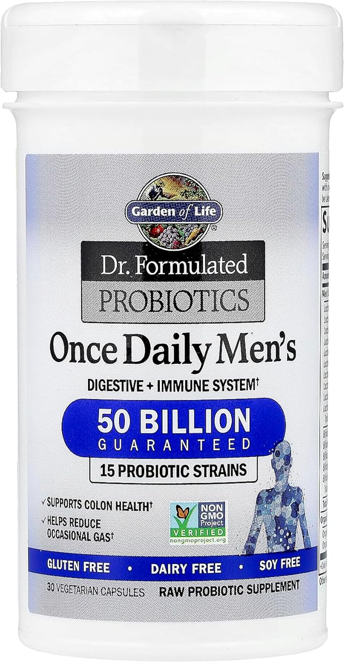 Garden of Life Probiotics for Men Dr Formulated 50 Billion CFU 15 Probiotics for Digestive Health + Organic Prebiotic Fiber Colon &amp Immune Support Daily Gas Relief Shelf Stable 30 Capsules