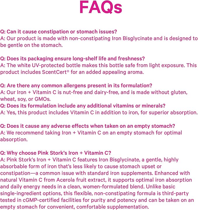 Pink Stork Iron for Women 18 mg Non-Constipating Iron Bisglycinate + Vitamin C for Optimal Absorption Energy Focus &amp Oxygen Support PMS Pregnancy Postpartum &amp Perimenopause 60 Capsules
