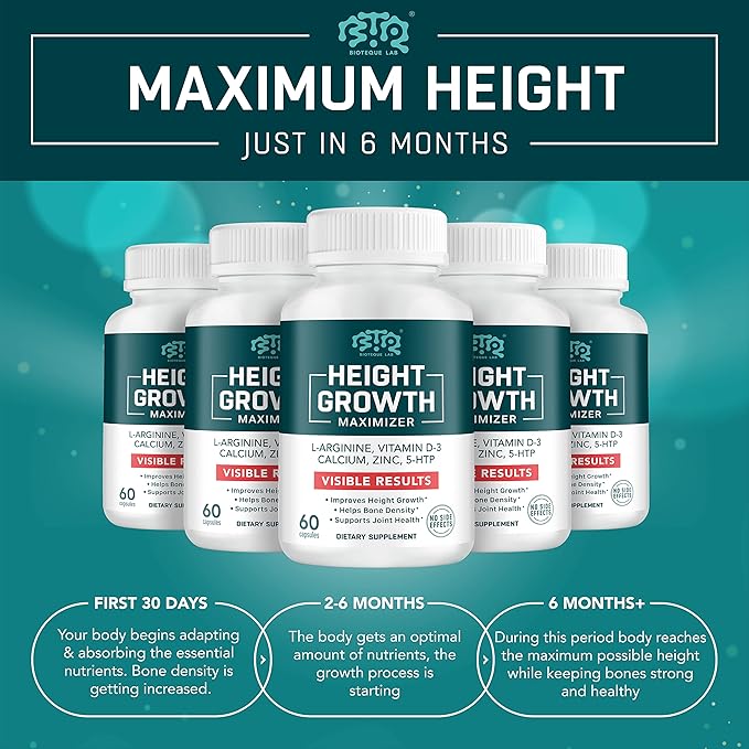 Height Growth Maximizer Calcium Vitamin D3 and Zinc Blend Pills Bone Growth Supplement for Kids and Teens Bone Strength Density Support GMO-Free Gluten-Free Made in USA 60 Caps