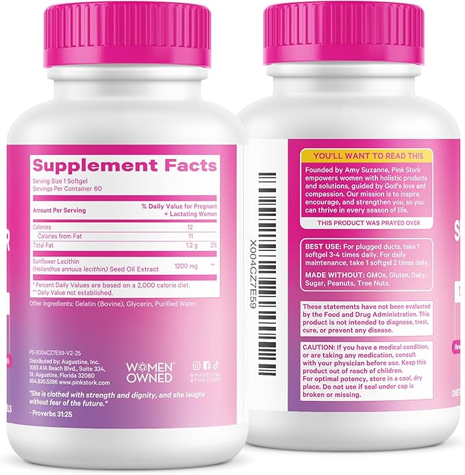 Pink Stork Sunflower Lecithin Supplement - 1200 mg for Clogged Milk Ducts - Breastfeeding Essentials for Postpartum Moms - Supports Breast Milk Flow - 60 Softgels