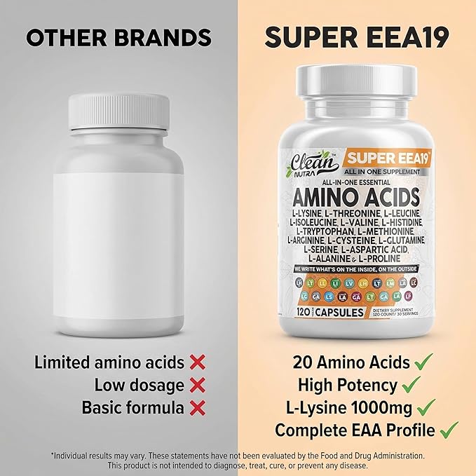 Clean Nutraceuticals Amino Acids Supplement L-Lysine L-Threonine L-Leucine Isoleucine Valine L-Histidine L-Tryptophan L-Methionine L-Arginine L-Cysteine L-Glutamine L-Serine Aspartic Acid