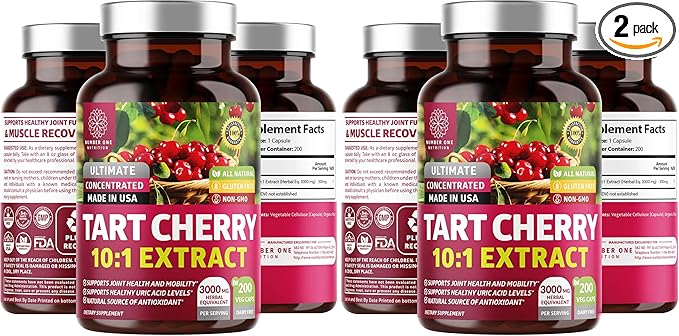 Number One Nutrition N1N Premium Tart Cherry Extract Capsules 200 Veg Caps 3000 mg Powerful Antioxidant Joint Health and Mobility Non-GMO Gluten Free 200 Veggie Caps (Pack of 2)