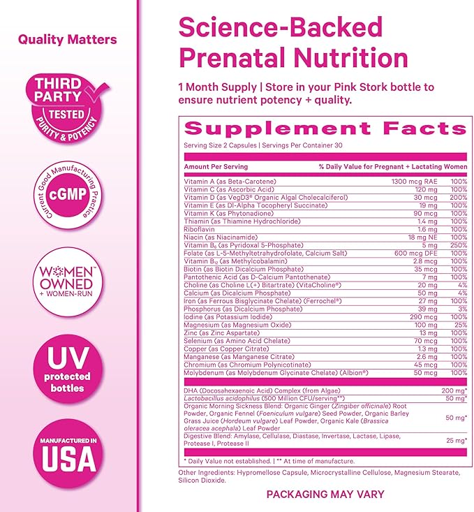 Pink Stork Premium Prenatal Vitamins for Women | Methylated Folate Choline Iron Vegan DHA | Doctor-Formulated Prenatal Vitamin | Organic Whole-Foods &amp Probiotic | Gentle on Stomach 60 Count