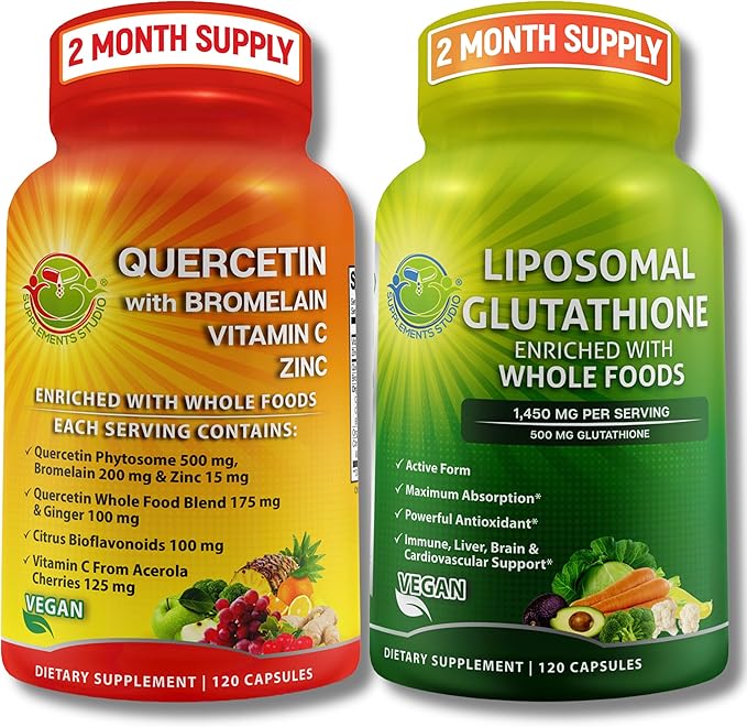 Immune &amp Cellular Support Bundle – Liposomal Glutathione 500mg with Whole Foods &amp Quercetin with Bromelain Vitamin C and Zinc Whole Food Complex – Vegan Non-GMO Clean Daily Wellness Suppor