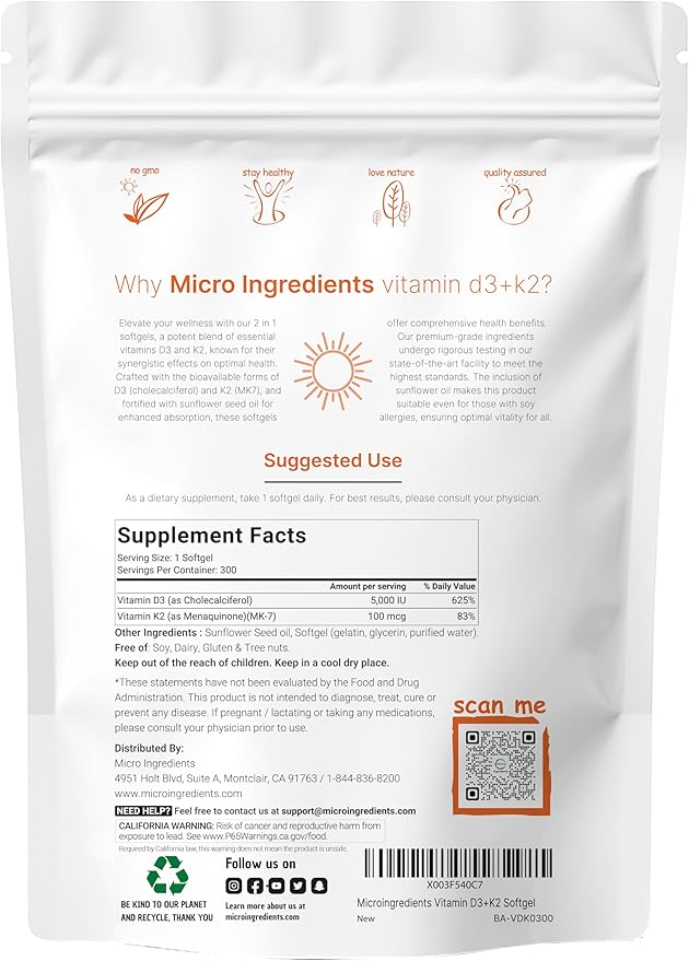 Micro Ingredients Vitamin D3 5000 IU + K2 MK-7 100 mcg 300 Softgels | 2-in-1 Vitamins D &amp K Complex | Extra Strength Easy to Swallow Non-GMO Gluten Free