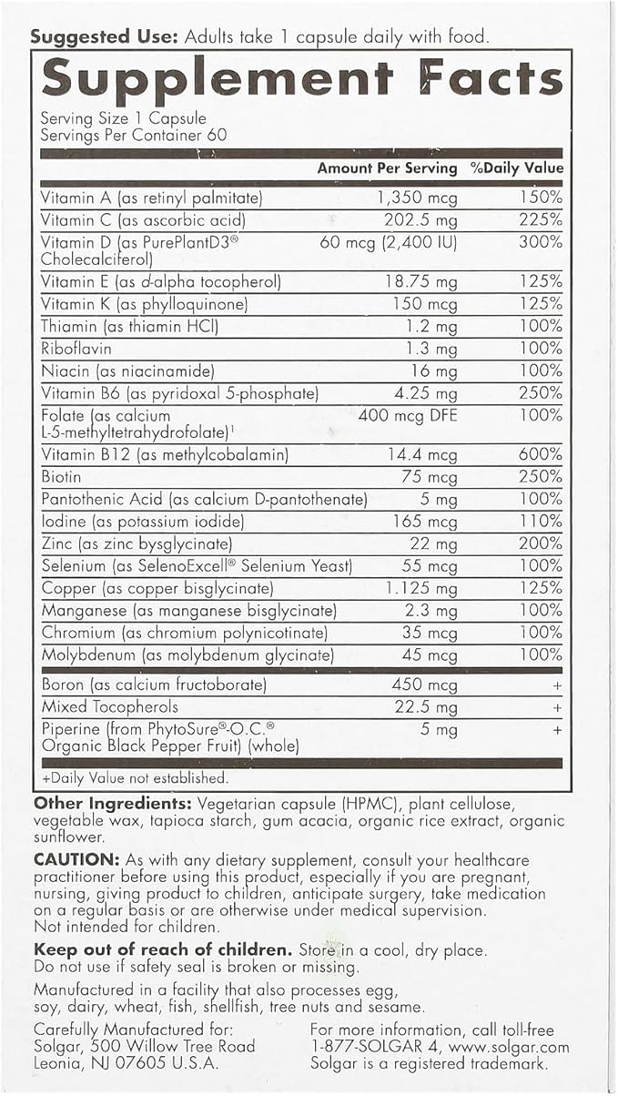 Solgar One Daily Men's Multi 50+ Whole Body Support for Men 50 and Older Highly Absorbable Delayed Release Heart Energy Stress Muscle Bone Prostate Support Vitamin 60 Vegan Capsules 60 Servings