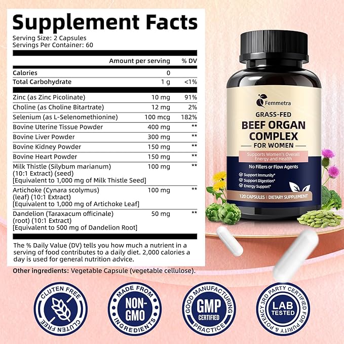 Female-Optimized Beef Organ Complex Superfood Supplement Beef Liver Kidney Heart Uterus &amp 6 More Balance Hormones Energy &amp Women's Overall Wellness with Milk Thistle Zinc Grass-Fed 6