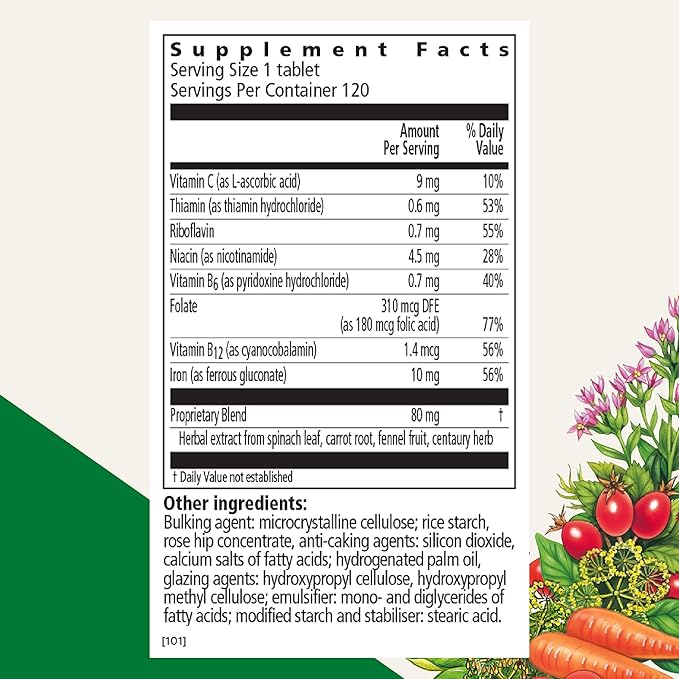 Floradix Iron Tablets - Iron Supplement with B Vitamins Folic Acid Vitamin C &amp More - Energy Support - Vegetarian &amp Gluten-Free - 120 Tablets (120 Servings)