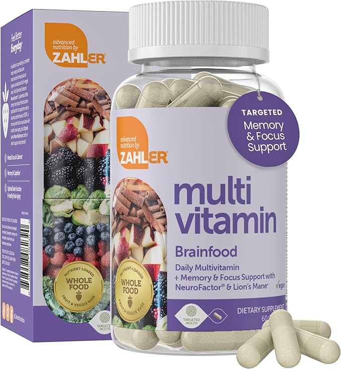 Zahler - Multivitamin Brain Supplement (60 Count) Kosher Brainfood Capsules for Adults with Neuro Factor &amp Lion's Mane - Nootropic Brain Supplements for Memory Support - Focus Mental Energy Boost