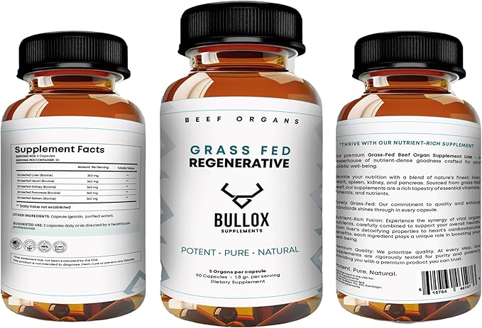Bullox Supplements. Grass Fed Beef Organs Freeze Dried Liver Heart Kidney Pancreas and Spleen Natural Multi-Vitamin Supporting Wellness and Whole Body Nutrition. Non GMO Free Pesticides.