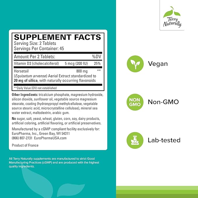 Terry Naturally Silica-20 - Support Hair Growth &amp Nail Strength - Collagen Supplement to Aid Bone Density &amp Strength - Skincare Supplement to Support Skin Nail &amp Bone Health - 90 Tablets