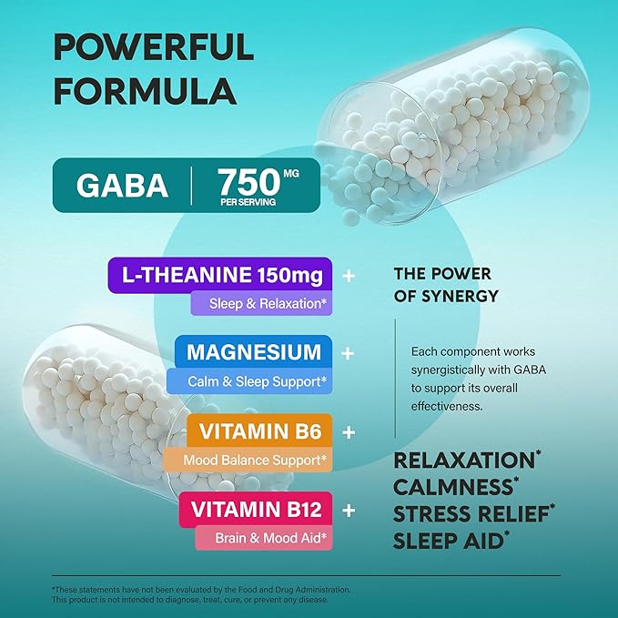 GABA L-Theanine 900 mg - Made in USA - Magnesium | Vitamin B6 - Calm Sleep Relaxation &amp Mood Support - 750 mg Gamma AminoButyric Acid 150 mg L-Theanine - Non-Habit Forming Vegan - 120 Capsules