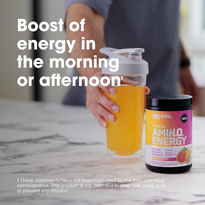 Optimum Nutrition Amino Energy - Pre Workout with Green Tea BCAA Amino Acids Keto Friendly Green Coffee Extract Energy Powder - Tropical Sunrise 9.5 Ounce 30 Servings (Packaging May Vary)