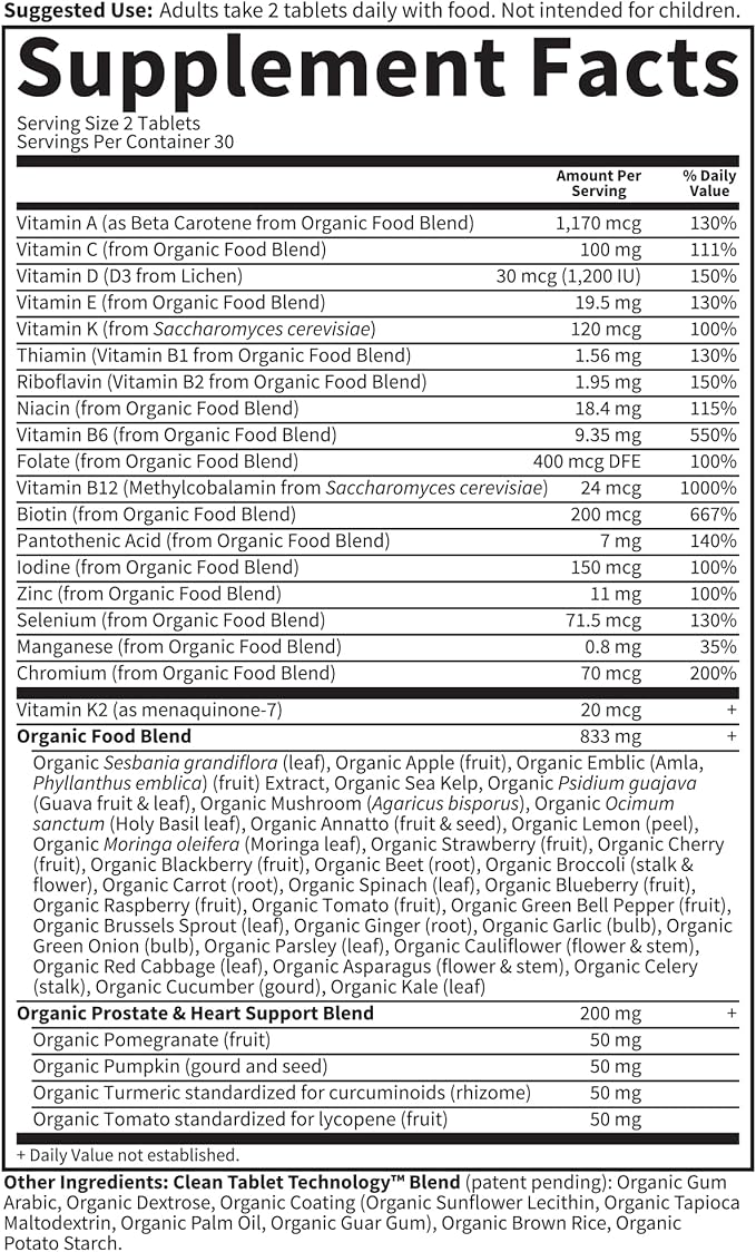 Garden of Life Organics Men's 40+ Multivitamin with Prostate Support B12 &amp Vitamins – Vegan Daily Whole Food Multivitamin Non-GMO Certified Organic 60 Tablets