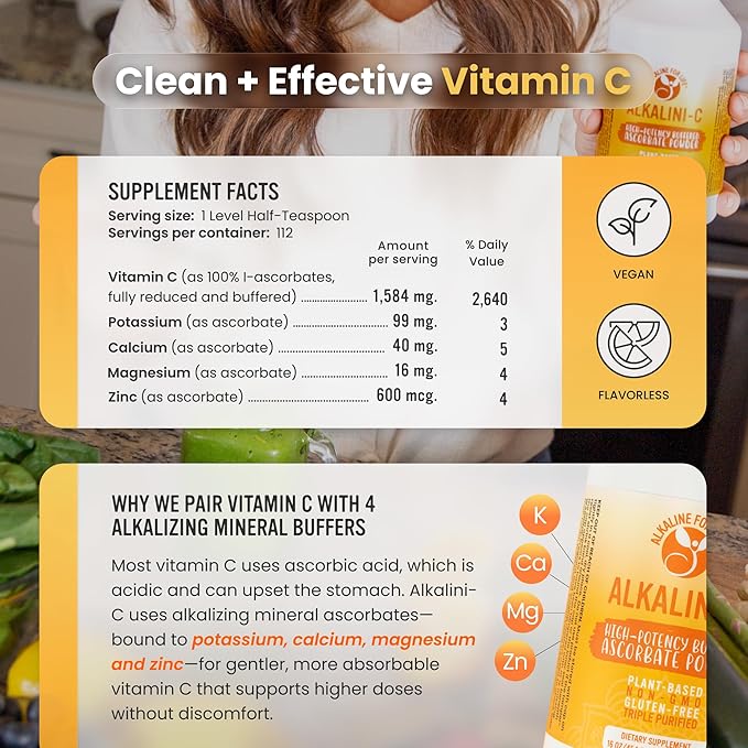 Alkaline for Life Alkalini-C Buffered Vitamin C Powder L-Ascorbate Mineral Ascorbates with Calcium Magnesium Potassium and Zinc Corn-Free Non-GMO Easy-Mix pH-Balanced Daily Wellness Support 16 oz