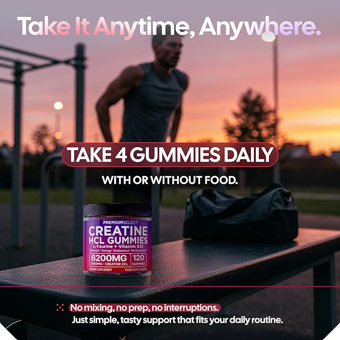 Creatine HCL Gummies for Women &amp Men - 120 Gummies 6200mg HCL Creatine Chews Advanced Complex with L-Taurine + Vitamin B12 for Muscle Strength Energy Boost &amp Booty Gain Gummy - Mixed Berry Fl