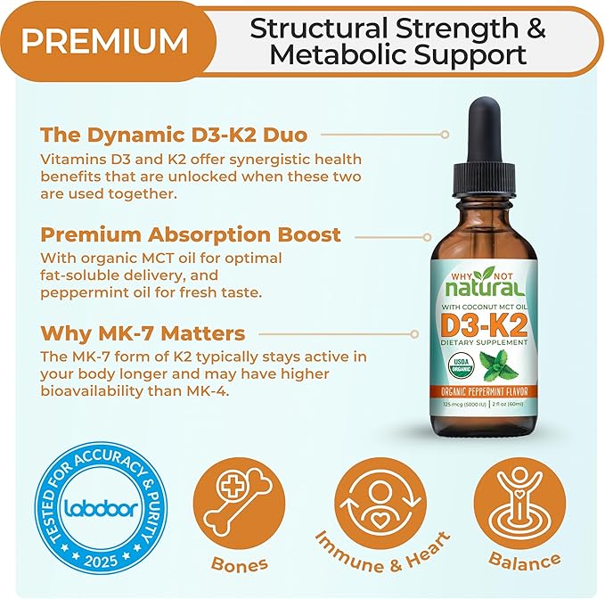 Why Not Natural Organic Vitamin D3 K2 (MK-7) Liquid Drops 5000 IU of sublingual D3 with Coconut MCT Oil for Strong Bones and Teeth Heart and Immune Support