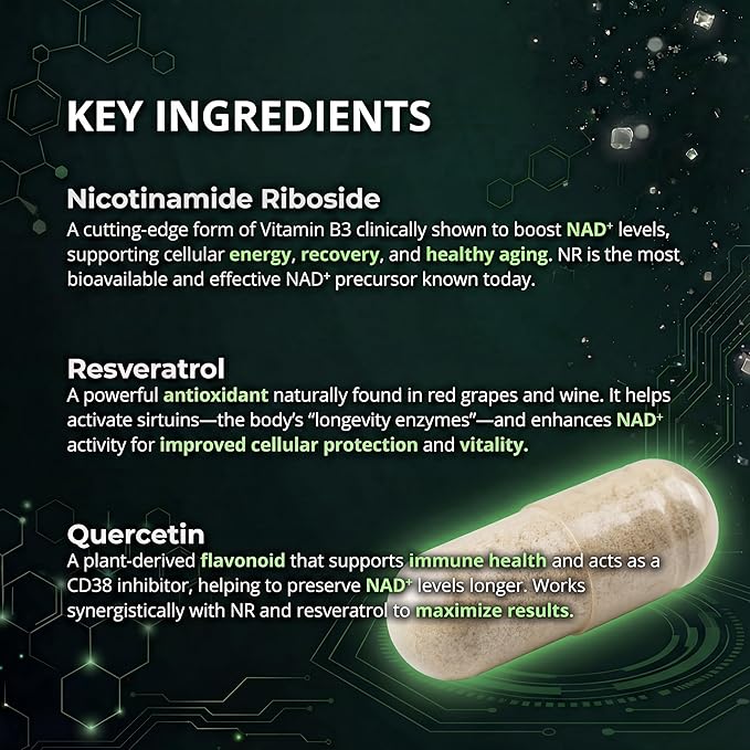 Advanced NAD+ Complex - NMNH Supplement Alternative - 50 Day Supply - Triple Action NAD+ Supplement - Nicotinamide Riboside - Resveratrol - Quercetin - Third-Party Tested - Made in USA
