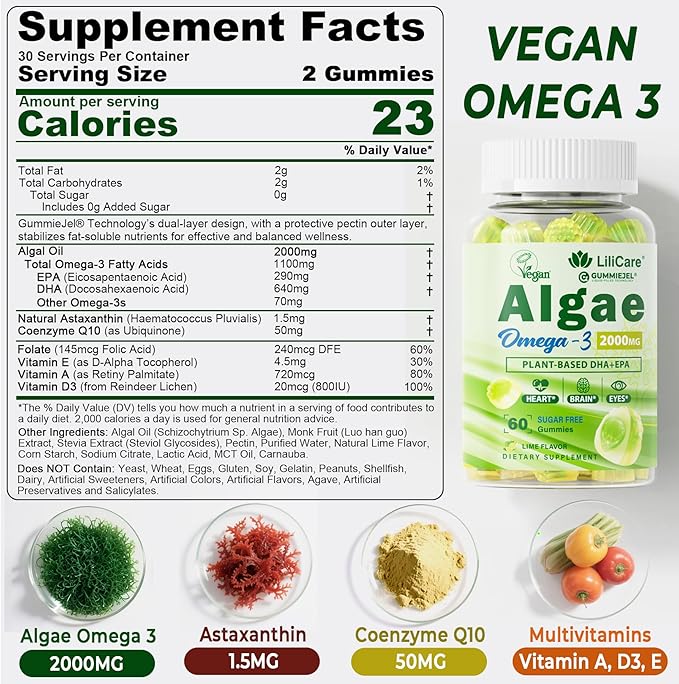 Omega 3 Gummies 2200mg from Algae Oil (DHA 640mg &amp EPA 290mg) for Women &amp Men Vegan Omega 3 Fish Oil Alternative w/CoQ10 Astaxanthin Vitamin A E D3 for Brain Eye Antioxidant Sugar Fre