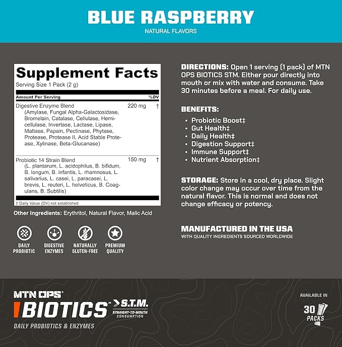 MTN OPS Biotics STM On‑the‑Go Probiotic Supplement for Gut Health Digestion &amp Immune Support – Sugar‑Free Natural Flavors Variety Pack 30 Servings – Fast Convenient Daily Gut Health Formula
