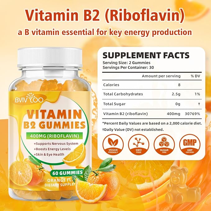 2 Pack Vitamin B2 Gummies - Riboflavin 400mg for Kids &amp Adults Migraine Relief &amp Headache Relief Vegan Sugar-Free Orange Flavor 120 Gummies
