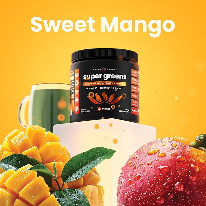 NutraChamps Super Greens Powder Premium Superfood | 20+ Organic Green Veggie Whole Foods | Wheat Grass Spirulina Chlorella | Antioxidant Digestive Enzyme &amp Probiotic Blends (9.0 OZ Mango)
